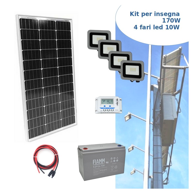 Kit solare ILLUMINAZIONE INSEGNA 140W con 4 Fari LED 10W